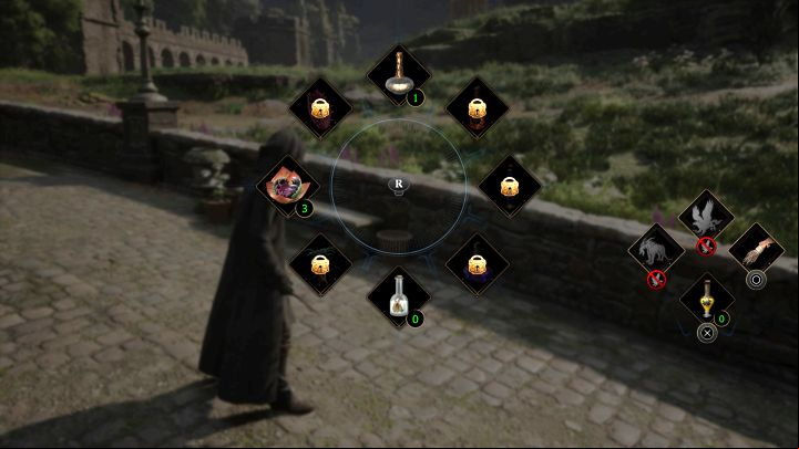 The broom is selected from the pop-up menu, which contains available tools - Hogwarts Legacy: How to unlock flying on a broom? - Combat and exploration - Hogwarts Legacy Guide