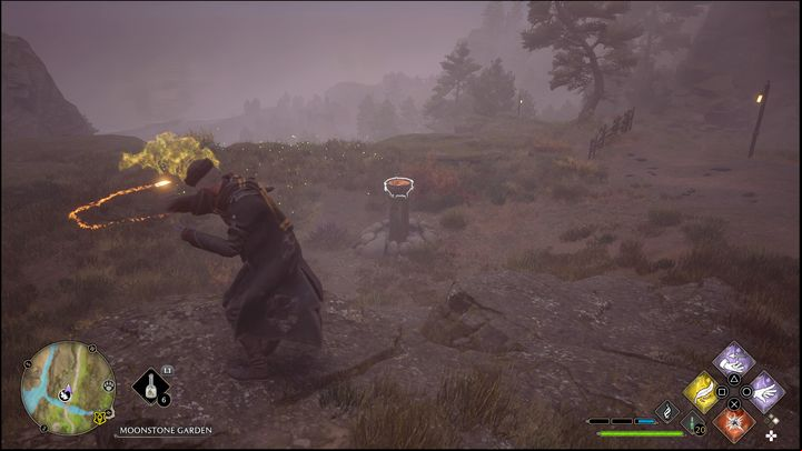 You have to be quick and careful, use this spell only when you can actually see the brazier - Hogwarts Legacy: Feldcroft Region - all Merlin Trials - Merlins Trials - Hogwarts Legacy Guide