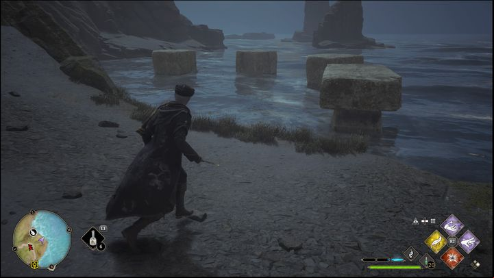 After activating the trial, stone platforms will appear on the lower level near the water - Hogwarts Legacy: Feldcroft Region - all Merlin Trials - Merlins Trials - Hogwarts Legacy Guide