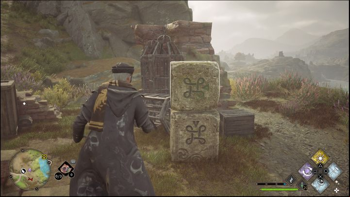 Use the Flipendo spell to flip the upper blocks so that they represent the same symbols as their lower parts - Hogwarts Legacy: Clagmar Coast - all Merlin Trials - Merlins Trials - Hogwarts Legacy Guide