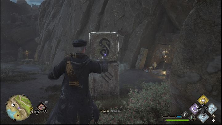 The trail will consist in rotating the upper blocks so that they show the same symbol as the bottom of the structure - Hogwarts Legacy: Manor Cape - all Merlin Trials - Merlins Trials - Hogwarts Legacy Guide
