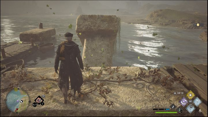 Then, jump to the middle one and then grab onto the edge - Hogwarts Legacy: Marunweem Lake - all Merlin Trials - Merlins Trials - Hogwarts Legacy Guide