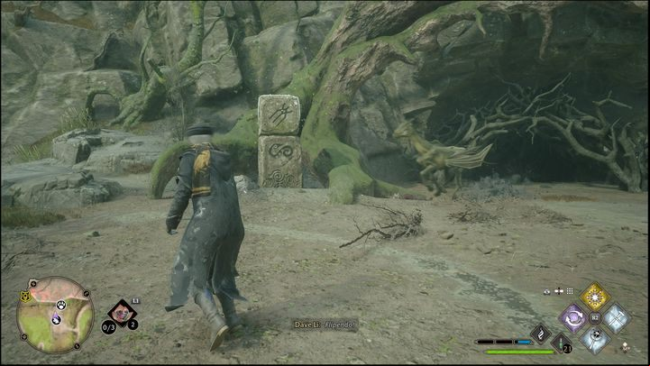 The trial is about flipping the top block so that the symbol is in the same position as the bottom one - Hogwarts Legacy: Marunweem Lake - all Merlin Trials - Merlins Trials - Hogwarts Legacy Guide