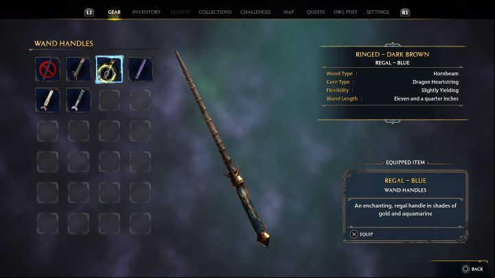 Once you receive your new wand, the Gear menu will receive a new option - Wand Handles - Hogwarts Legacy: How to receive a customized Wand? - Main character - Hogwarts Legacy Guide