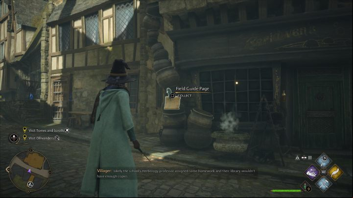 The next page of Revelio can be found in front of the building with cauldron near the bridge leading to Hogsmeade, in the southern part of the village - Hogwarts Legacy: Field Guide Pages - Hogsmeade - Hogsmeade - Hogwarts Legacy Guide