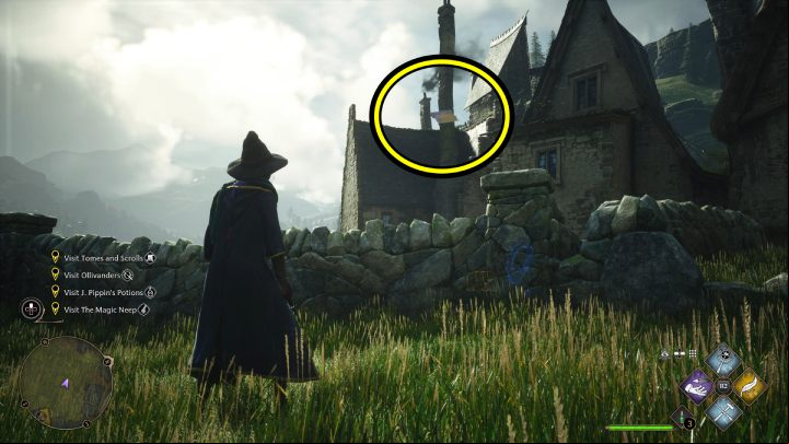 Flying Field Guide Page #4 is behind the houses next to the Tomes and Scrolls shop - Hogwarts Legacy: Field Guide Pages - Hogsmeade - Hogsmeade - Hogwarts Legacy Guide