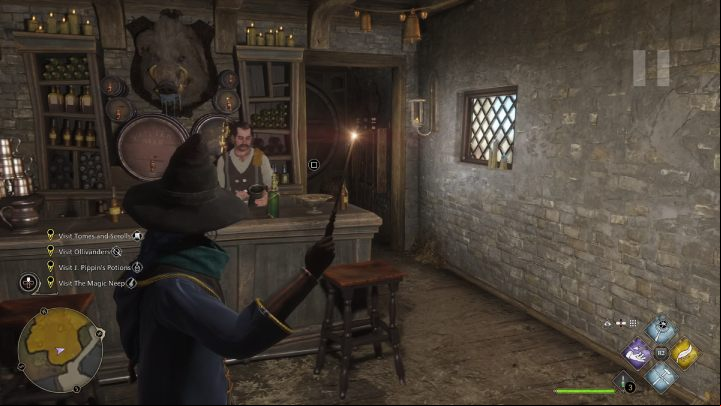 Enter the Hog's Head inn and if a moth doesn't fly to you after approaching the counter, go to the room behind the innkeeper and through the back door - Hogwarts Legacy: Field Guide Pages - Hogsmeade - Hogsmeade - Hogwarts Legacy Guide