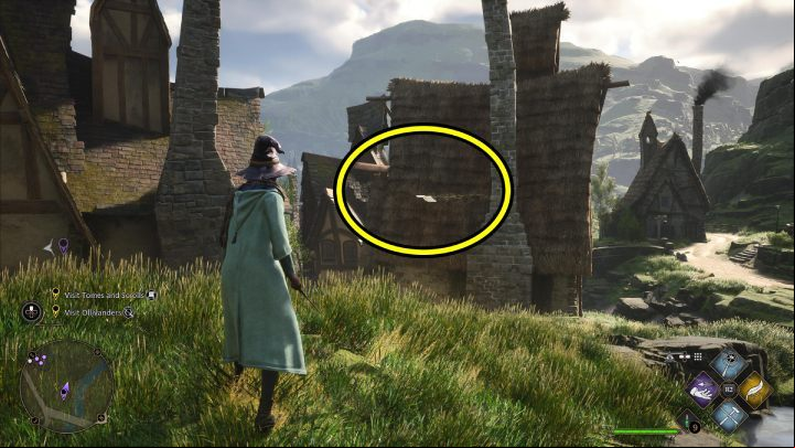 This Flying Guide Page #8 (Hogsmeade) is near the bridge leading to the abandoned building on the hill - Hogwarts Legacy: Field Guide Pages - Hogsmeade - Hogsmeade - Hogwarts Legacy Guide