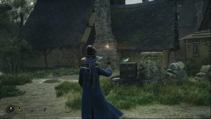 The moth will be sitting on a chest next to the wall, behind the last houses of the village - Hogwarts Legacy: Field Guide Pages - Hogsmeade - Hogsmeade - Hogwarts Legacy Guide