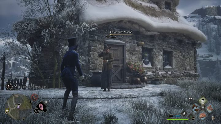 Go to the northern end of the village and talk to the woman standing in front of the small house - Hogwarts Legacy: Minding Your Own Business - Hogsmeade - Hogwarts Legacy Guide