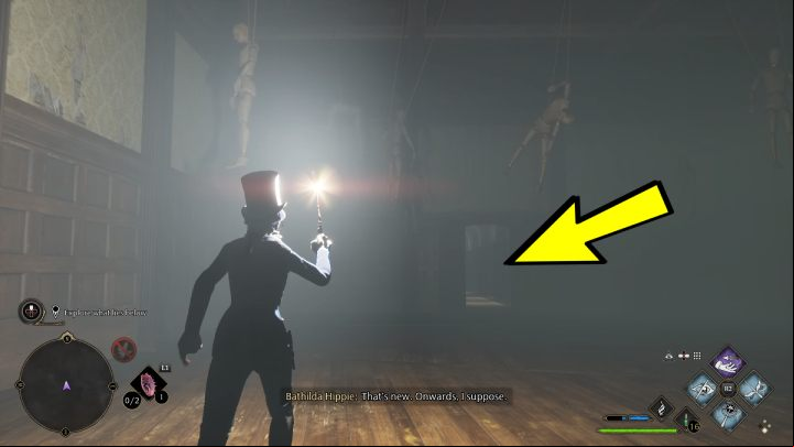 After descending, move between the barrels until you reach the room with manequinns - Hogwarts Legacy: Minding Your Own Business - Hogsmeade - Hogwarts Legacy Guide