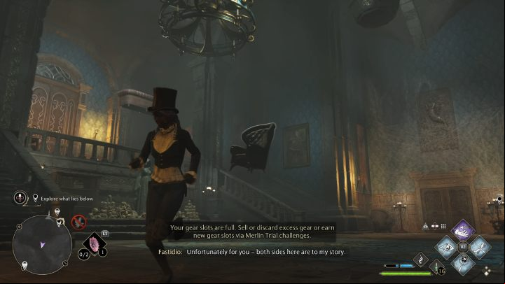 After talking to the ghost, you have to avoid or shoot down the furniture that he throws at you - Hogwarts Legacy: Minding Your Own Business - Hogsmeade - Hogwarts Legacy Guide