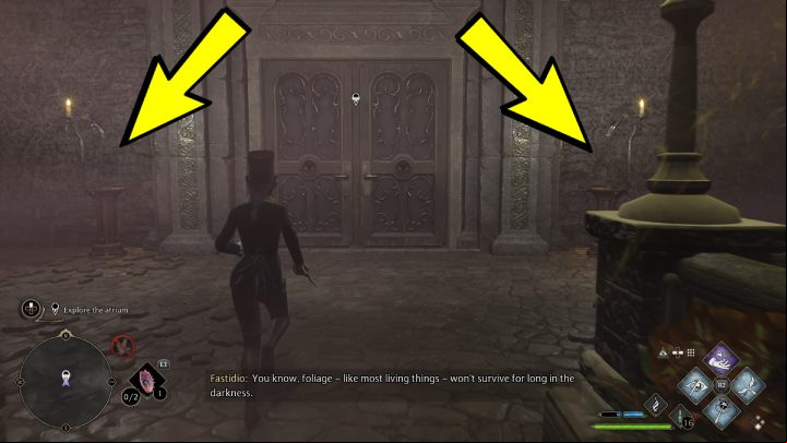 To go to the atrium, you need to choose the door on the right - Hogwarts Legacy: Minding Your Own Business - Hogsmeade - Hogwarts Legacy Guide