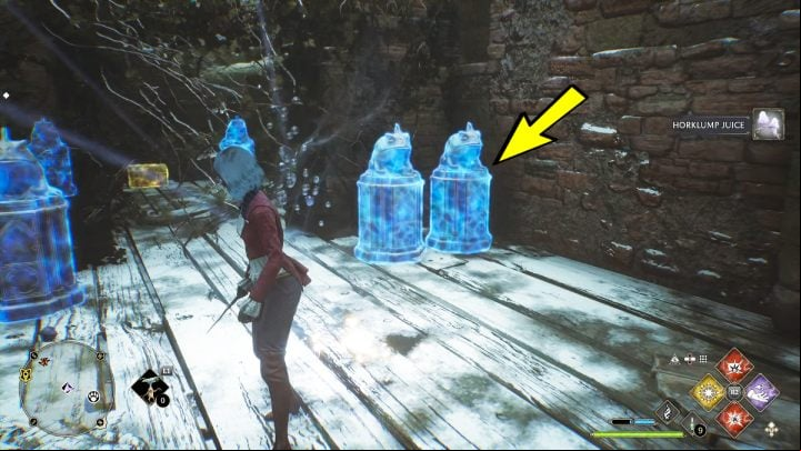 Interact with the frog statue by the wall on the right and pick up the first object - Hogwarts Legacy: Ancient Magic Hotspots Part 1 - Highlands - Hogwarts Legacy Guide