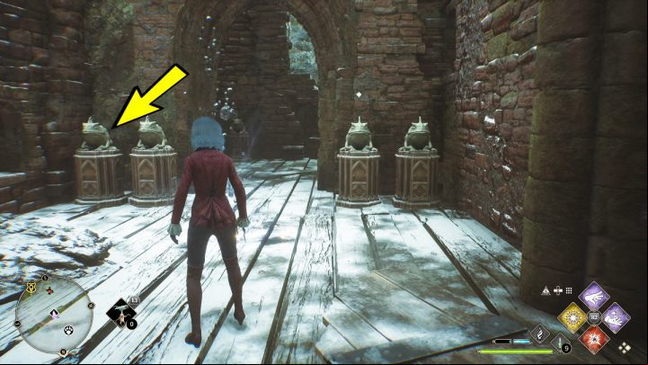 Go back to the starting point and use the statue on the wall on the left to pick up the last object - Hogwarts Legacy: Ancient Magic Hotspots Part 1 - Highlands - Hogwarts Legacy Guide