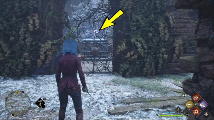 Use a fire spell to remove the vines and go through the arch - Hogwarts Legacy: Ancient Magic Hotspots Part 1 - Highlands - Hogwarts Legacy Guide