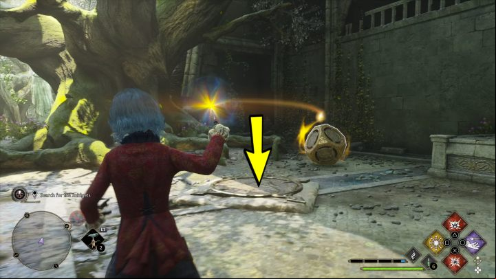Place the cube lying next to the tree on the symbol highlighted in red - Hogwarts Legacy: A Bird in the Hand - Relationship quests - Poppy - Hogwarts Legacy Guide