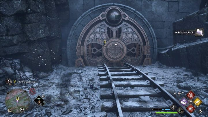 The mine door is guarded by an eye, so you'll need to use the Disillusionment spell to approach the entrance without being seen - Hogwarts Legacy: Its all Gobbledegook - Main quests - Hogwarts Legacy Guide