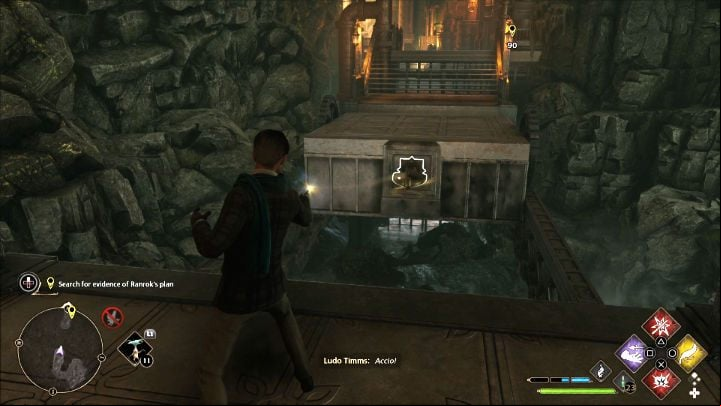 Use Accio to pull the platform towards you, get on it and use Accio again to move the platform forward - Hogwarts Legacy: Its all Gobbledegook - Main quests - Hogwarts Legacy Guide