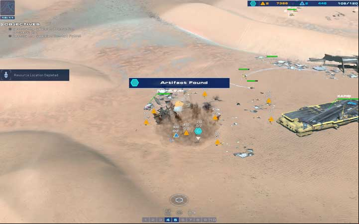 After the attack on the second production unit, seize the nearby wreck and harvest the resources. - Mission 6 - Beladin Dune Sea - Campaign mode walkthrough - Homeworld: Deserts of Kharak Game Guide