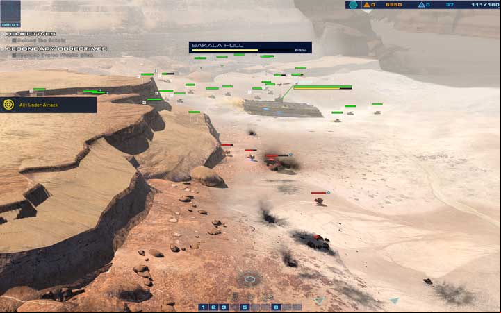 While progressing along the Northern side towards the canyon, you can expect attacks from the South. - Mission 9 - The Whispering Gallery - Campaign mode walkthrough - Homeworld: Deserts of Kharak Game Guide