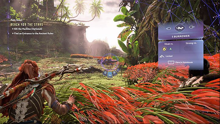 You'll encounter your first machines - the game will suggest you to scan them (hold down the right analog stick) - Horizon Forbidden West: Reach for the Stars - walkthrough - Main Storyline - Horizon Forbidden West Guide