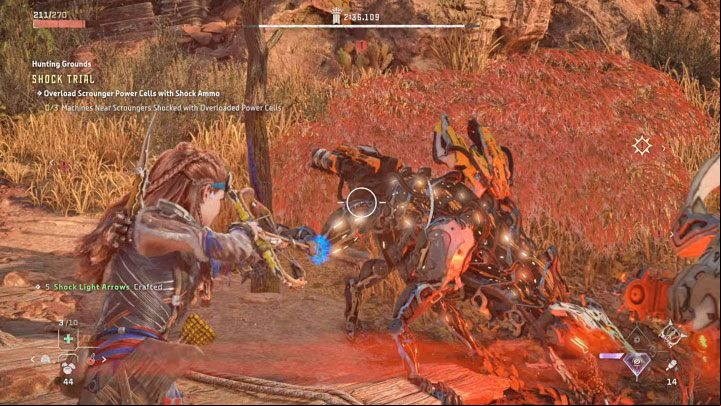 From the previous trial, you should that the Scroungers have Power Cells in the back - Horizon Forbidden West: Hunting Grounds: The Daunt - walkthrough - Hunting grounds - Horizon Forbidden West Guide