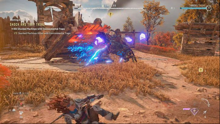 Quickly shoot at a trap to damage the shocked machine - Horizon Forbidden West: Hunting Grounds: The Daunt - walkthrough - Hunting grounds - Horizon Forbidden West Guide
