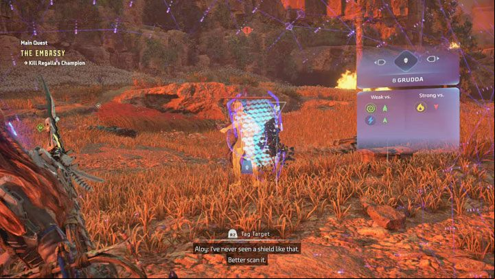This opponent uses an energy shield and scanning him will allow you to determine his weakness, namely acid and shock attacks - Horizon Forbidden West: Grudda - boss, how to beat? - Bosses - Horizon Forbidden West Guide