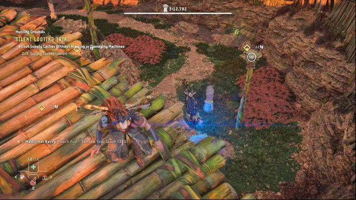 Before you loot the first cache wait until the patrolling Burrower finishes a scan and goes in the opposite direction - Horizon Forbidden West: Hunting Grounds: Plainsong - Hunting Trials - Hunting grounds - Horizon Forbidden West Guide