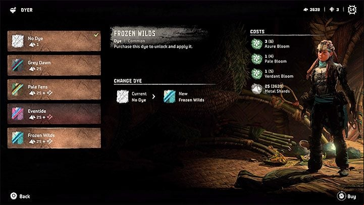 Once the dye ordering window pops up, you need to select one of the outfits you have in your inventory - Horizon Forbidden West: How to change Aloys appearance? - Character and statistics - Horizon Forbidden West Guide
