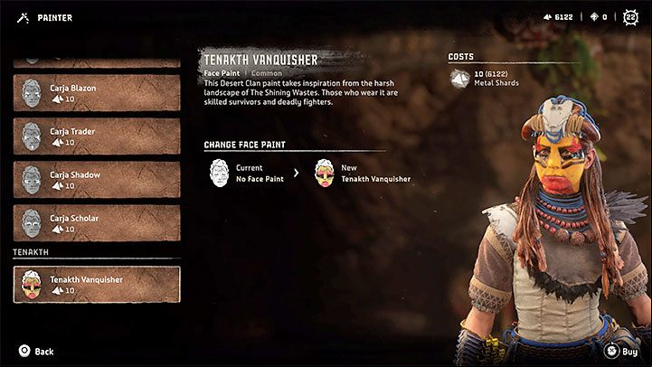 When you open the face paints window, you can browse the available face paints based on the ones you have unlocked - Horizon Forbidden West: How to change Aloys appearance? - Character and statistics - Horizon Forbidden West Guide
