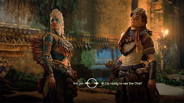 After entering the throne room, you need to confirm that you want to meet with Chief Hekarro (you will have the option to freely explore the Memorial Grove later during the game, including some newly added additional activities) - Horizon Forbidden West: The Broken Sky - walkthrough - Main Storyline - Horizon Forbidden West Guide