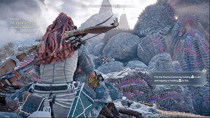 When you reach the target, interact with the set location of the cannon and then start firing at the core of the tank - Horizon Forbidden West: The Broken Sky - walkthrough - Main Storyline - Horizon Forbidden West Guide