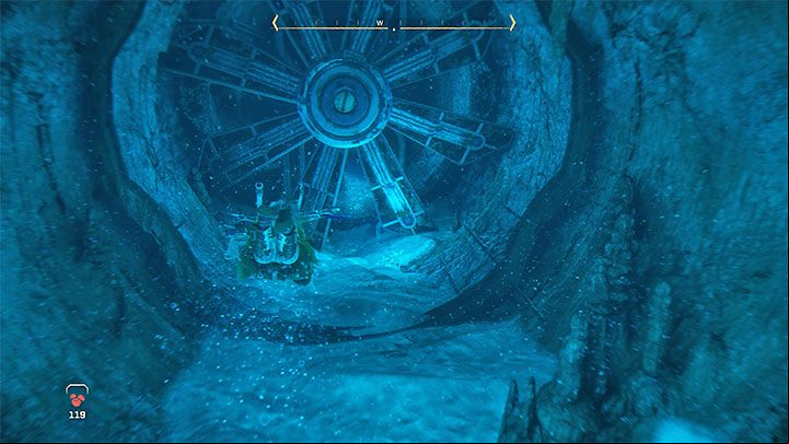 You need to jump into the water next to the locked gate and dive underwater to start exploring the vast flooded part of Thebes - Horizon Forbidden West: Faros Tomb - walkthrough - Main Storyline - Horizon Forbidden West Guide
