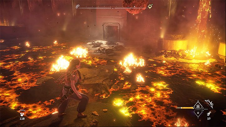 After watching the cut-scene with Ceo in the big hall, you have to jump to the ledges surrounded by lava, which are pictured above - Horizon Forbidden West: Faros Tomb - walkthrough - Main Storyline - Horizon Forbidden West Guide