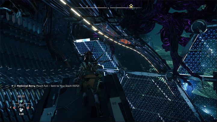 In the final part of the crossing, grab the rail that runs near the ceiling (simply jump on it) to get down to the eastern chamber - Horizon Forbidden West: GEMINI - walkthrough - Main Storyline - Horizon Forbidden West Guide