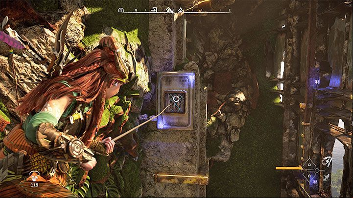 Turn toward the wall of the skyscraper and, using focus mode, locate more of the yellow climbing-related elements - Horizon Forbidden West: Forbidden Legacy - Alvas quest, walkthrough - Tasks of companions - Horizon Forbidden West Guide