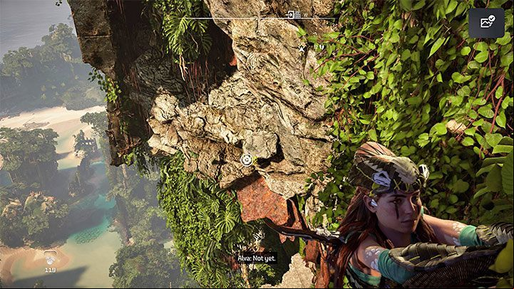 The next challenging part of the climb is pictured in the attached screenshot - Aloy has to make a backwards jump while grabbing the handle mid-jump - Horizon Forbidden West: Forbidden Legacy - Alvas quest, walkthrough - Tasks of companions - Horizon Forbidden West Guide