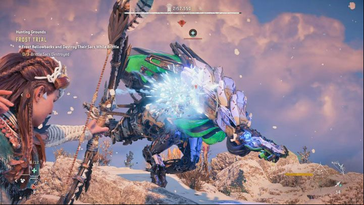To this trial, you will need a weapon that deals frost damage - Horizon Forbidden West: Hunting Grounds: Sheerside Mountains - trial walkthrough - Hunting grounds - Horizon Forbidden West Guide