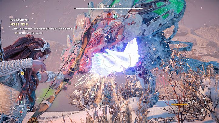 When the Bellowback freezes, quickly switch to a weapon you have that deals the most damage to deastroy the machine's components - Horizon Forbidden West: Hunting Grounds: Sheerside Mountains - trial walkthrough - Hunting grounds - Horizon Forbidden West Guide