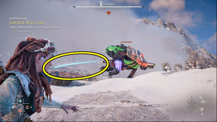 The key to success is to catch the shredder after it hits the machine and returns towards Aloy - you may have to move to the side to make sure the shredder doesn't you - Horizon Forbidden West: Hunting Grounds: Sheerside Mountains - trial walkthrough - Hunting grounds - Horizon Forbidden West Guide
