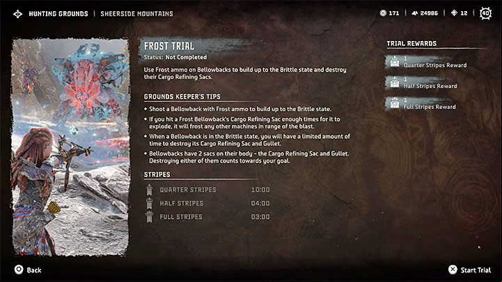 You can and should read the description of each trial before proceeding - Horizon Forbidden West: Hunting Grounds - List and general information - Hunting grounds - Horizon Forbidden West Guide