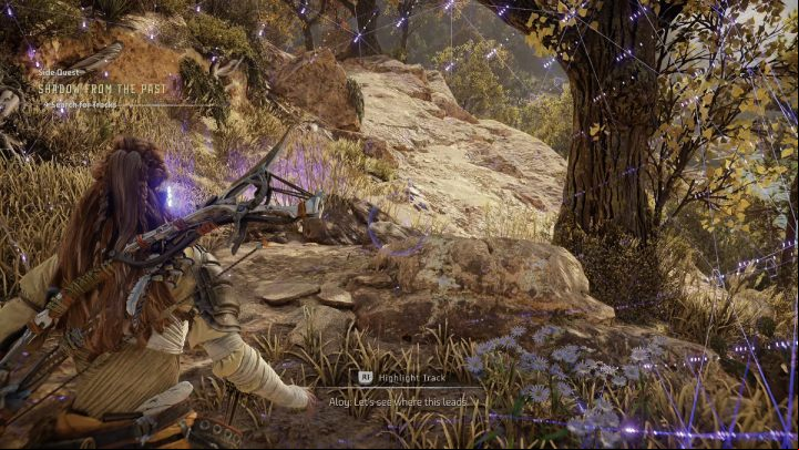 Enter focus mode and highlight the tracks by pressing R1 - Horizon Forbidden West: Shadow from the Past - walkthrough - Side quests - Horizon Forbidden West Guide