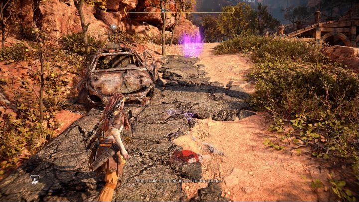 Use focus mode to mark the blood trail you found and follow it to the bridge - Horizon Forbidden West: Shadow from the Past - walkthrough - Side quests - Horizon Forbidden West Guide