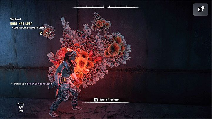 You can get out of the room with the chest by using the Igniter on the red flowers - Horizon Forbidden West: What Was Lost, Kotallos quest - walkthrough - Tasks of companions - Horizon Forbidden West Guide