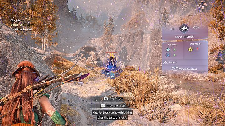 Kotallo will choose to test out his prosthesis on a specific machine, namely the Scorcher - Horizon Forbidden West: What Was Lost, Kotallos quest - walkthrough - Tasks of companions - Horizon Forbidden West Guide