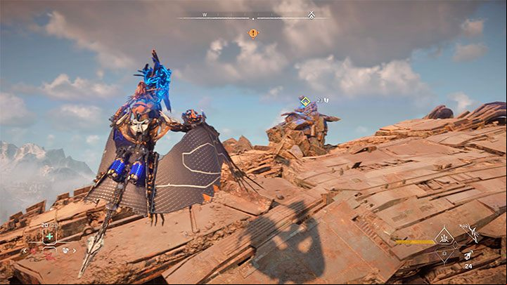 Select the Sunwing from the quick action list (left/right on the D-pad) and summon it to you (down) - Aloy should automatically jump back onto it - Horizon Forbidden West: The Wings of the Ten - walkthrough - Main Storyline - Horizon Forbidden West Guide