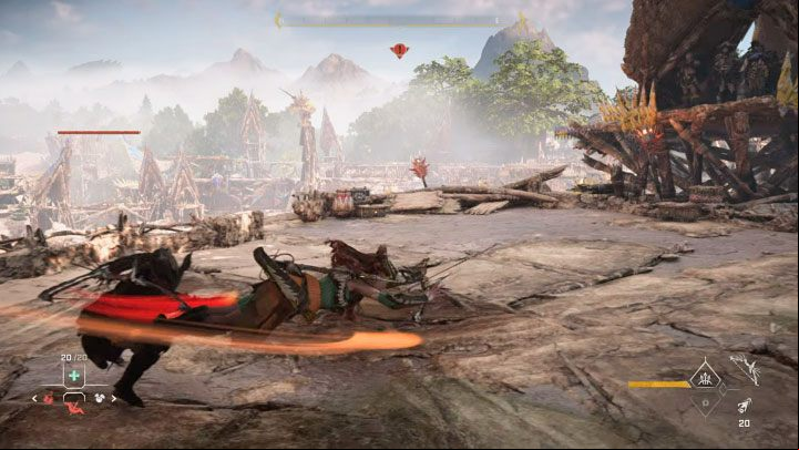 In close-combat, on the other hand, you should always start with a series of dodges to avoid getting hit with melee attacks - Horizon Forbidden West: Regalla - The Wings of the Ten boss fight, how to deafeat? - Bosses - Horizon Forbidden West Guide