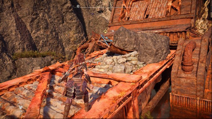 Use your Pullcaster to pull out the metal bar with blue elements - Horizon Forbidden West: The Deluge - walkthrough - Side quests - Horizon Forbidden West Guide